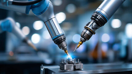 Close-up of two industrial robotic arms collaborating in an advanced laboratory environment, precision engineering, artificial intelligence, automation, faceless, defocused backgro