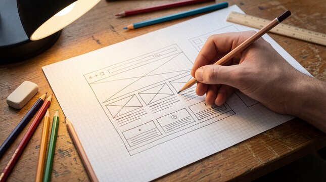 A designer's hand meticulously sketches a digital interface wireframe on a sheet of graph paper. capturing the creative process and the tools of the trade. - Powered by Adobe