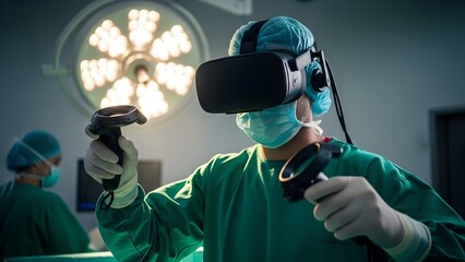 Surgeon Using Virtual Reality VR Headset for Medical Simulation in Operating Room