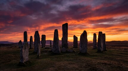 A stunning sunset paints the sky behind the ancient Callanish Standing Stones, their silent sentinels watching over the serene landscape. Witness the enduring spirit of history.