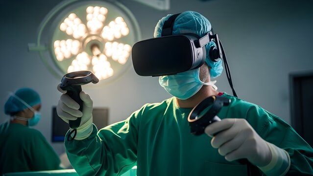 Surgeon Using Virtual Reality VR Headset for Medical Simulation in Operating Room