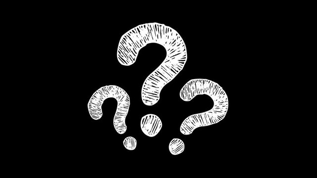 Hand drawn white chalk question marks animation on black background representing curiosity confusion uncertainty and brainstorming for educational tutorials and FAQ video segments.
