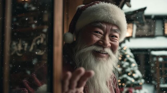 温泉街の旅館玄関、サンタ姿の男性が扉を開け雪の外へ招く