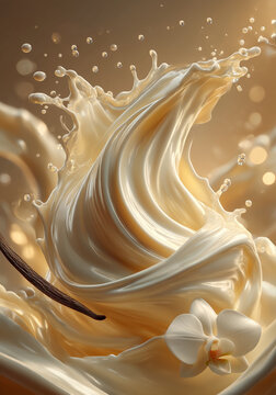 Explosi&oacute;n de vainilla cremosa con orqu&iacute;dea blanca, Splash de crema de vainilla con vaina y flor, Imagen para marca de helados gourmet, Fondo para packaging de cosm&eacute;tica natural
