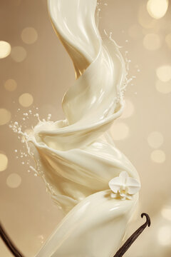 Salpicadura de crema de vainilla con flor de orqu&iacute;dea, Splash cremoso de helado sabor vainilla, Mockup para packaging de postre de vainilla, Fotograf&iacute;a aesthetic de producto alimenticio