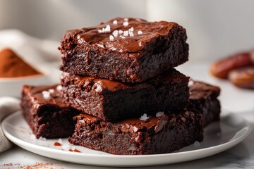 Obraz premium Brownies con sal marina sobre plato blanco, Primer plano de brownies de chocolate, Branding para pastelería artesanal, Fondo para receta de postre con chocolate