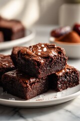 Obraz premium Brownies con sal marina sobre plato blanco, Primer plano de brownies de chocolate, Branding para pastelería artesanal, Fondo para receta de postre con chocolate