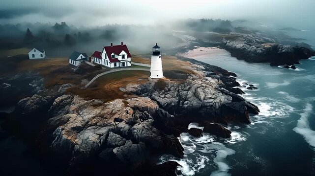 Natural disaster. Devastating loss aftermath scene. Aerial view of coastal landscape with lighthouse and misty atmosphere.