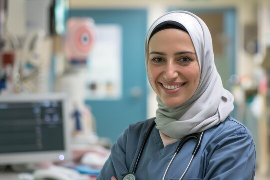 Confident muslim female doctor smiling in a hospital room, representing healthcare and diversity
