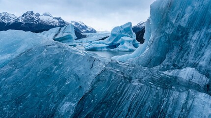 Captivating panorama of majestic icebergs and imposing glaciers, as the arctic landscape reflects the somber hues of a clouded sky.