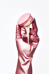 Obraz premium Macaron rosa con relleno cremoso y guante de satén, Goteo de crema blanca sobre macaron rosa, Imagen para marca de repostería de lujo, Mockup para packaging de macarons