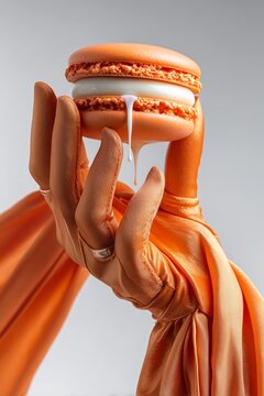 Mockup de pasteler&iacute;a de alta gama, Primer plano de macaron y mano con guante satinado color naranja, Imagen para blog de recetas o pasteler&iacute;a creativa