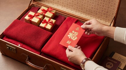 Unpacking luggage filled with festive red attire and gifts, someone prepares for travel, embracing the spirit of the occasion. A mix of culture and travel captured.