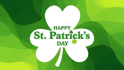 Happy St Patricks Day text inside a large white shamrock with green wavy background clover leaf