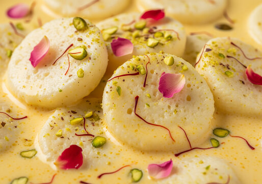 Ras Malai in Creamy Saffron Milk with Rose Petals, Pistachios, and Cardamom Garnish in Festive Close-Up
