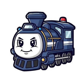 Smiling cartoon train engine face closeup.