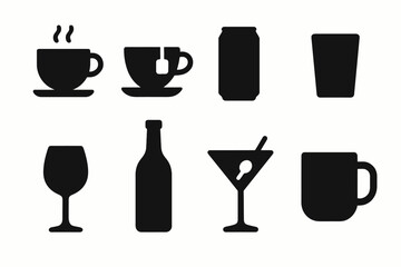 Assorted beverage icons: tea, coffee, soda, cocktail, wine glass, bottle, mug