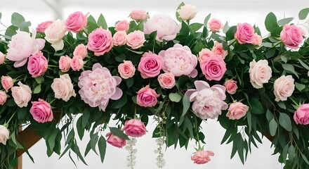 A beautiful floral arrangement of pink roses and peonies for a wedding