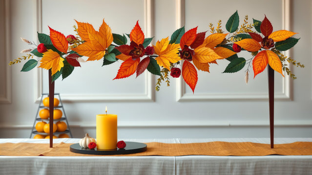 herbstliche Tischdekoration mit farbenfroher Laub-Girlande und gelber Stumpenkerze