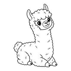 Obraz premium Cute llama coloring page for kids, fluffy alpaca character vector illustration