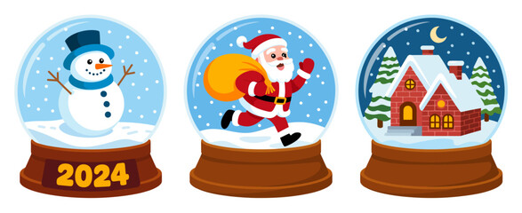 Fototapeta premium A festive illustration showing a collection of snow globes featuring a snowman, Santa, and a cozy house, capturing the charm and joy of the winter holiday season.
