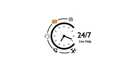 Clock face with representing communication and service encircling it on a white background indicating 24/7 live help and support services available around the clock for. - Powered by Adobe