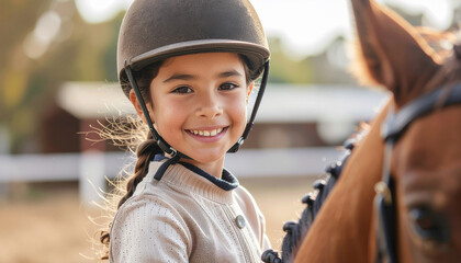Smiling young girl riding horse
