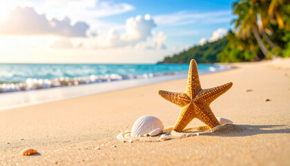 Starfish and seashell on tropical beach at sunset