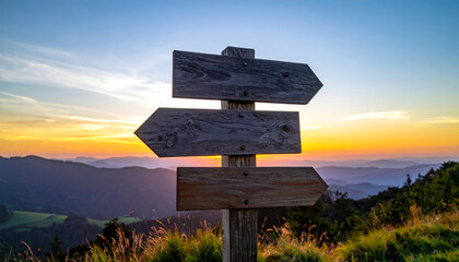 Three Directional signposts creating choices at sunset crossroads