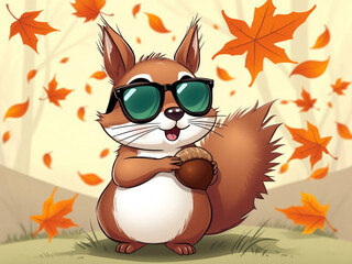 Squirrel in sunglasses enjoying autumn season, holding acorn
