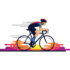 Fototapeta premium Vibrant 2D flat graphic illustration capturing the intense fast cycling action of a road biker silhouetted against a warm, gradient sunset sky on a clean white backdrop.