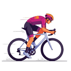 Naklejka premium Dynamic vector illustration of a determined road cyclist leaning forward and speeding during golden hour, rendered in a flat 2D style with vibrant sunset colors on a clean white background.