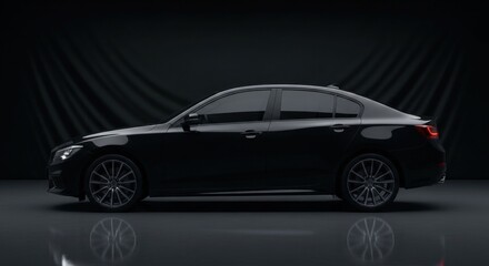 Sleek, black sedan, side view, dark backdrop