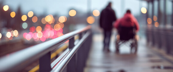 Blurred image of a person pushing another in a wheelchair along a city sidewalk with bokeh lights in the background during dusk