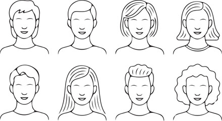 Eight distinct black and white line drawings illustrating diverse male and female avatars with various hairstyles and friendly expressions for user profiles.
