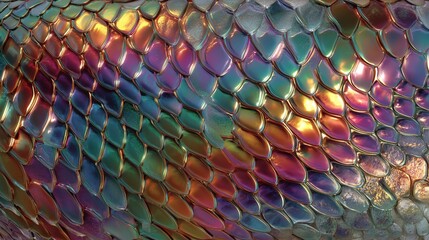 Snakeskin pattern background with iridescent rainbow colored scales. 3D rendered glossy metallic reptile skin texture. Abstract luxury fashion and vibrant animal print concept.