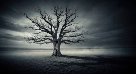 Solitary tree under moody skies