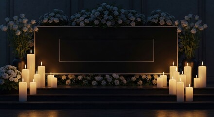 Somber display candles & flowers frame a dark void