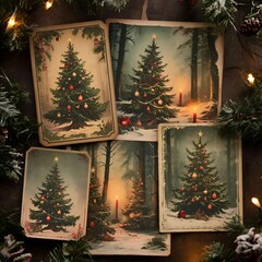 Vintage Christmas cards featuring decorated trees in winter forest  