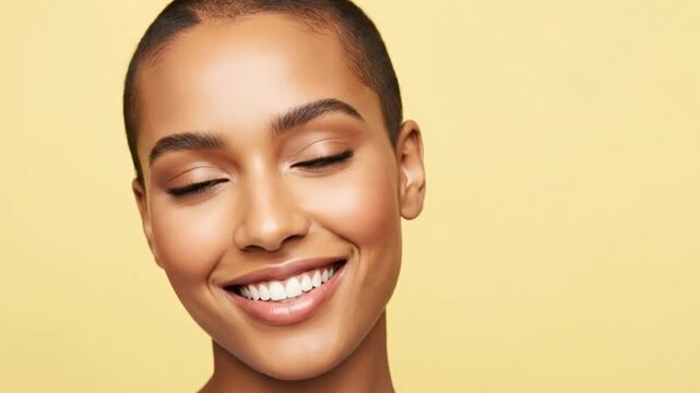 Radiant woman with a stylish buzz cut sharing a genuine, bright smile against a vibrant solid yellow backdrop. Realistic video.