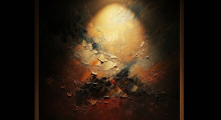 Spotlit abstract painting with thick, earthy texture