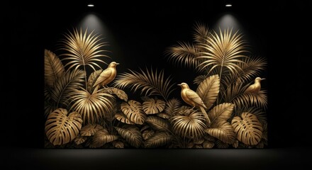 Spotlit golden jungle foliage with birds on black