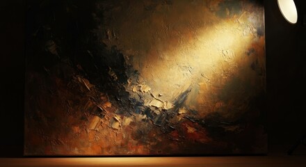 Spotlit textured abstract painting in a dark room