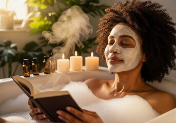 Serene woman unwinding in a luxurious bubble bath with a face mask, enjoying aromatherapy candles and a good book for ultimate self-care and relaxation at home