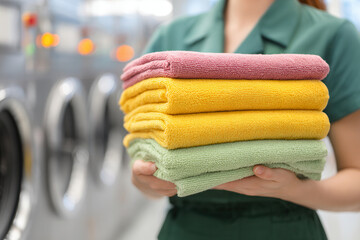 Worker holds clean stacked towels in a laundry facility during a busy work shift in the afternoon