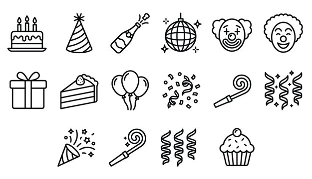 Party and celebration icon set, birthday cake, balloons, confetti, gift box, party hat, cupcake, disco ball, streamers