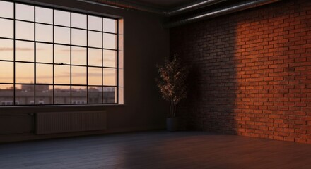 Sunlit brick wall in an empty urban loft