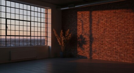 Sunlit industrial loft with brick wall at sunset.