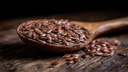 High definition photo showing a wooden spoon brimming with natural brown flaxseeds resting on a rough wooden table surface, with scattered seeds in the background