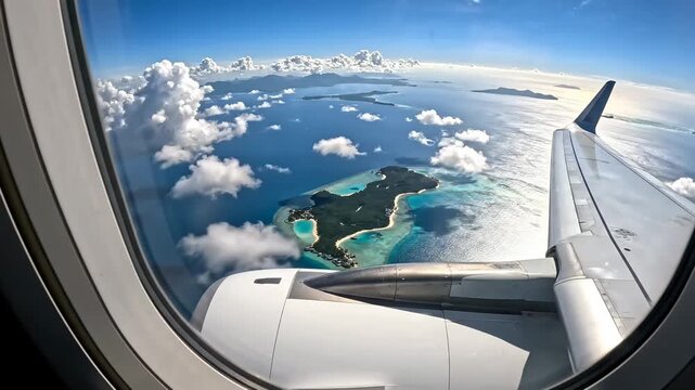 Bird's Eye View of an Idyllic Island with Vibrant Waters and Lush Greenery Captured from a Window During Flight